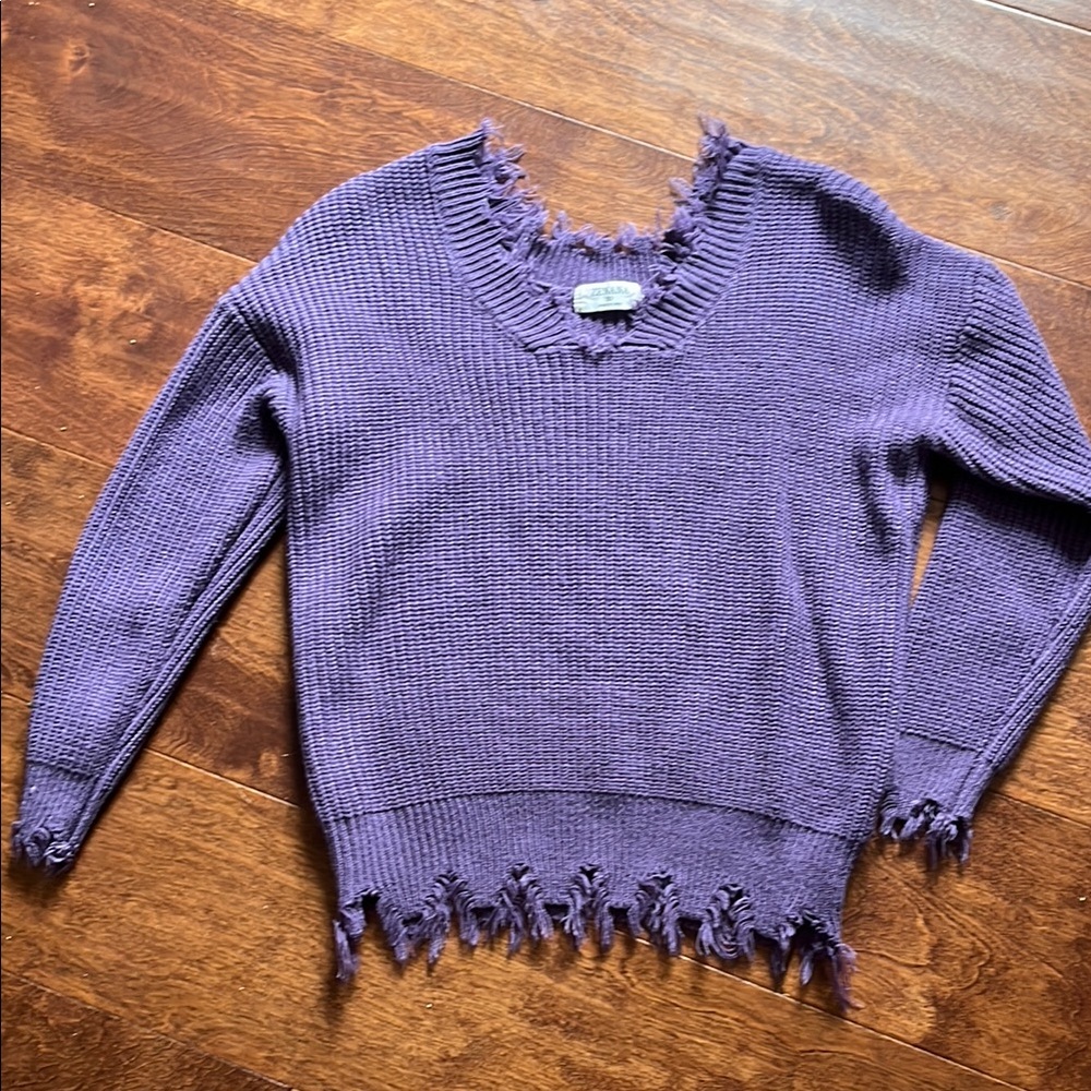 Purple Distressed V-Neck Sweater